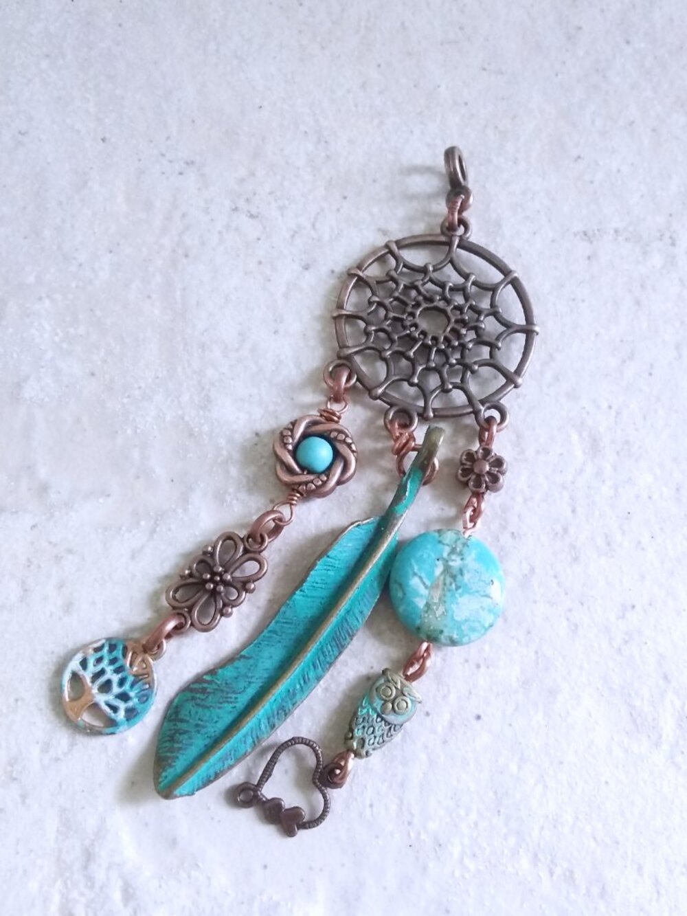 Boho Cluster Pendant: Dreamcatcher Tree of Life Owl and Leaf! Turquoise + Copper